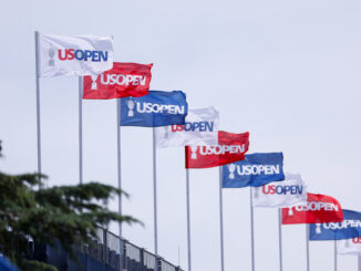 U.S. Open flags flap in the breeze during a practice round ahead of the 2024 U.S. Open. (Mike Ehrmann/USGA)