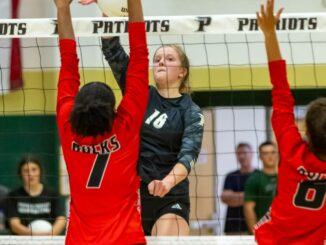 Hoke County’s Abigail Watts (7) skies to defend during a game against Pinecrest last season. The Bucks will get two chances to break through against the Patriots this year. (David Sinclair for the North State Journal)