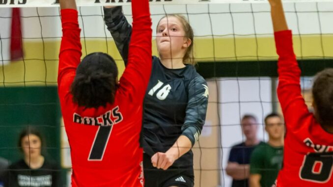 Hoke County’s Abigail Watts (7) skies to defend during a game against Pinecrest last season. The Bucks will get two chances to break through against the Patriots this year. (David Sinclair for the North State Journal)