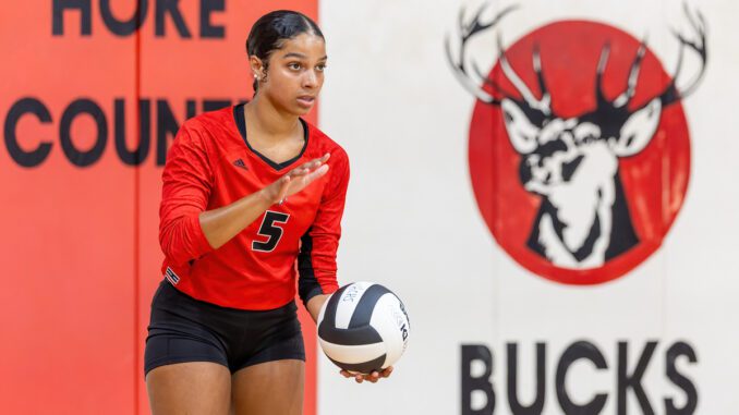 Hoke senior outside hitter Kayeliana Bonner prepares to serve during a game earlier this season. (Jason Jackson for North State Journal)